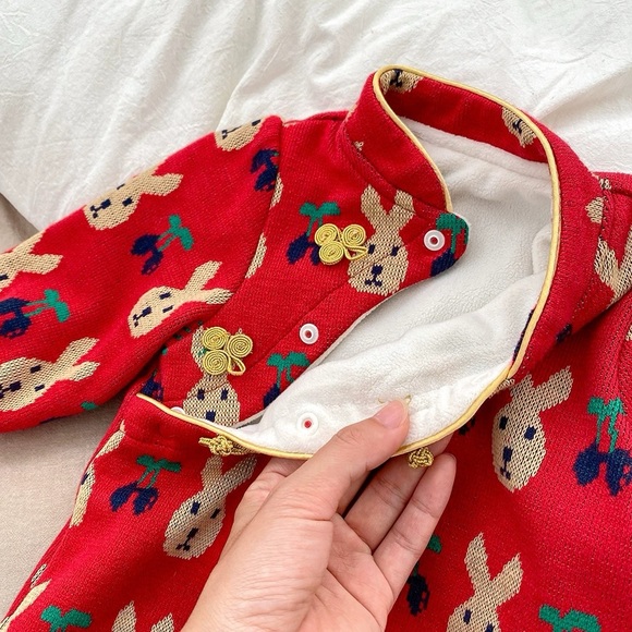 Chinese QiPao Red sweater long sleeve bodysuit - Picture 3 of 11